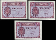 Estado Español
Lote 3 billetes 1 Peseta. 12 Octubre 1937. Serie B. Trío correlativo. Ed-425a. SC.