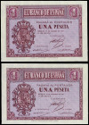 Estado Español
Lote 2 billetes 1 Peseta. 12 Octubre 1937. Serie D. Pareja correlativa. (levisima falta de papel en magen izquierdo). Ed-425a. SC.