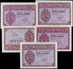 Estado Español
Lote 5 billetes 1 peseta. 12 Octubre 1937. Serie B (3), C y F. (Alguno con arruguita). Ed-425a. SC.
