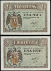 Estado Español
Lote 2 billetes 1 Peseta. 28 Febrero 1938. Serie E. Pareja correlativa. (Doblez en esquina). Ed-427a. SC-.
