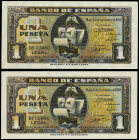 Estado Español
Lote 2 billetes 1 Peseta. 4 Septiembre 1940. Carabela. Serie A. Pareja correlativa. Ed-442a. SC.