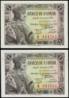 Estado Español
Lote 2 billetes 1 Peseta. 21 Mayo 1943. Fernando ´el Católico´. Serie A. Pareja correlativa. (Arruguitas). Ed-447a. SC-.
