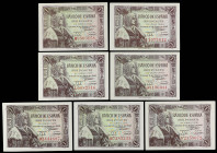 Estado Español
Lote 7 billetes 1 Peseta. 15 Junio 1945. Isabel La Católica. Diferentes series: B, D, F, I, J, L, M. Ed-448a. SC.
