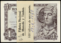 Estado Español
Lote 100 billetes 1 Peseta. 19 junio 1948. Dama de Elche. Serie L. Todos correlativos. Con faja original de la F.N.M.T. (con tinta man...