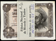 Estado Español
Lote 100 billetes 1 Peseta. 19 Noviembre 1951. Don Quijote. Sin Serie. La gran mayoría correlativos. En fajo original de la F.N.M.T. (...