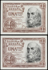 Estado Español
Lote 2 billetes 1 Peseta. 22 Julio 1953. Marqués de Santa Cruz. Sin Serie. Pareja Correlativa. (Doblez en esquina). Ed-465. SC-.