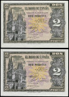 Estado Español
Lote 2 billetes 2 Pesetas. 30 Abril 1938. Catedral de Burgos. Serie M. Ed-429a. SC.