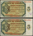 Estado Español
Lote 2 billetes 5 Pesetas. 10 Agosto 1938. Serie B. Pareja correlativa. Ed-435a. SC.