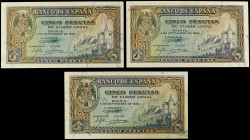 Estado Español
Lote 3 billetes 5 Pesetas. 4 Septiembre 1940. Serie D. Alcazar de Segovia. (Arruguitas). Ed-443a. SC-.