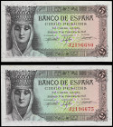 Estado Español
Lote 2 billetes 5 Pesetas. 13 Febrero 1943. Isabel La Católica. Serie J. (Uno con leve doblez en esquina). Ed-446a. SC-.