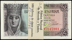 Estado Español
Lote 100 billetes 5 Pesetas. 13 Febrero 1943. Isabel La Católica. Serie J. Todos correlativos. En fajo original F.N.M.T. Ed-446a. SC....