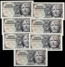 Estado Español
Lote 7 billetes 5 Pesetas. 12 Abril 1947. Séneca. Serie A. (Todos con ondulación en margen derecho). Ed-454a. SC-.