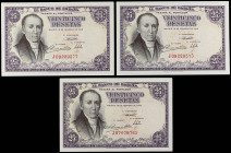 Estado Español
Lote 3 billetes 25 Pesetas. 19 Febrero 1946. Florez Estrada. Serie J. Ed-450a. SC.