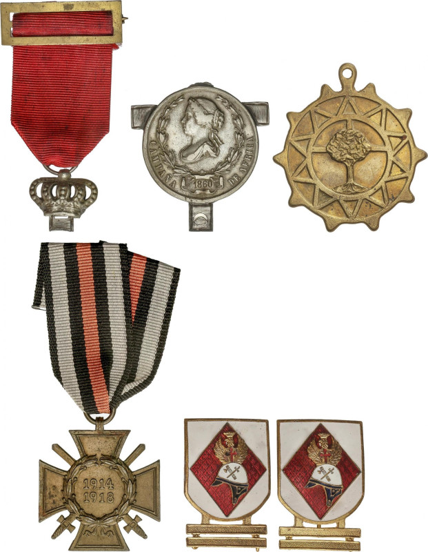 Lote 2 condecoraciones, 2 insignias y 1 medalla. 1860 a 1963. Latón, metal plate...