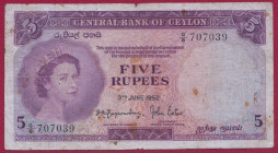 Ceylon 5 Rupees 1952
P# 51, # G/8 707039; VF