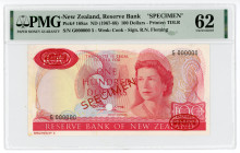 New Zealand 100 Dollars 1967 - 1968 (ND) Specimen PMG 62
P# 168as, N# 210548; # G000000; Wmk: Cook; Sign.: R.N.Fleming; UNC