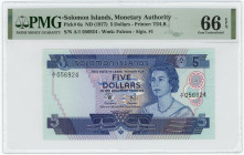 Solomon Islands 5 Dollars 1977 (ND) PMG 66 EPQ
P# 6a, N# 277755; # A1 056924; UNC