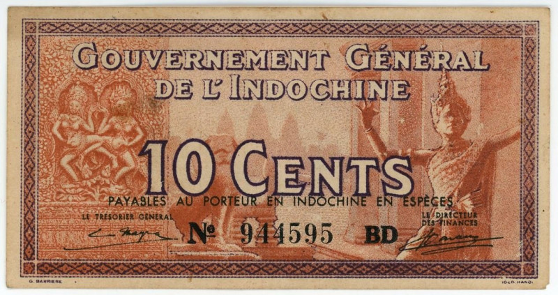 French Indochina 10 Cents 1939 (ND)
P# 85c, N# 205592; # 944595 BD; XF