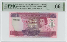 Solomon Islands 10 Dollars 1977 (ND) PMG 66 EPQ
P# 7a, N# 277756; # A1 056924; UNC