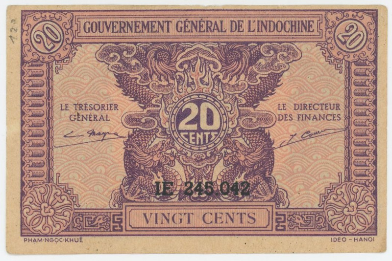 French Indochina 20 Cents 1942 (ND)
P# 90, N# 210339; # LE 245042; XF