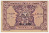 French Indochina 20 Cents 1942 (ND)
P# 90, N# 210339; # LE 245042; XF