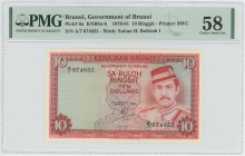 Brunei 10 Ringgit 1976 - 1981 PMG 58 Choice About UNC
P# 8a, N# 218117; # A7 974855