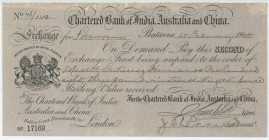 Indonesia Chartered Bank of India Australia and China Bill of Exchange for £183.19.10. Batavia 1908
# 46/104; Bill of Exchange hand signed by Sub-Acc...