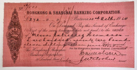 Indonesia Hongkong & Shanghai Banking Corporation Bill of Exchange for £272.11.11 Batavia 1910
# 46/583; Bill of Exchange on pink paper signed by Sub...