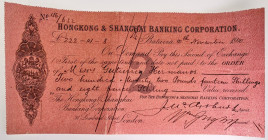Indonesia Hongkong & Shanghai banking Corporation Bill of Exchange for £222.14.8 Batavia 1910
# 46/632; on pink paper, signed by Accuntant and Agent,...
