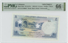 Lebanon 5 Livres 1952 -1964 Specimen PMG 66 EPQ
P# 56s2, N# 215972; # G12 00000; UNC