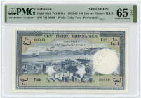 Lebanon 100 Livres 1952 -1963 Specimen PMG 65 EPQ
P# 60s2, N# 246126; # F21 00000; UNC