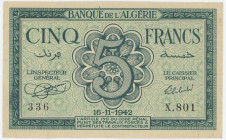 Algeria 5 Francs 1942
P# 91, N# 206297; # X.801 336; XF