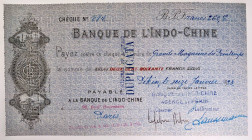 China Banque de l'Indo-Chine Cheque for 34 Francs Beijing (Peking) Agency 1923
# 884; Payable a Banque de l'Indo-Chine in Paris by order of the Grand...