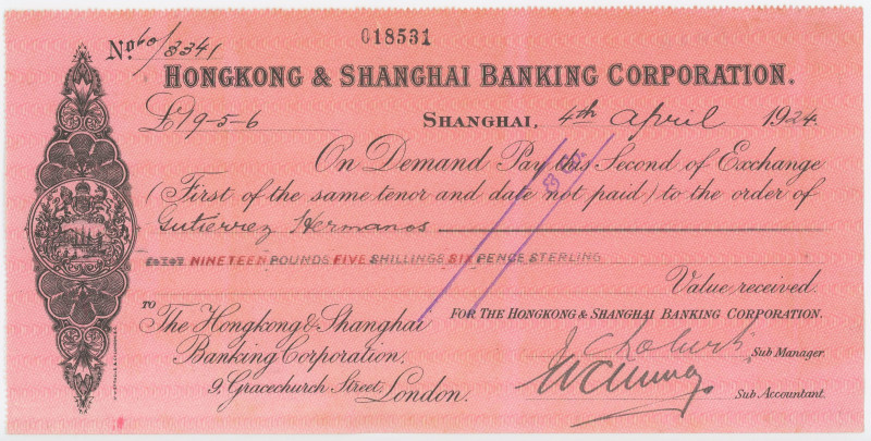 China Hongkong & Shanghai Banking Corporation Shanghai Bill of Exchange for £19....