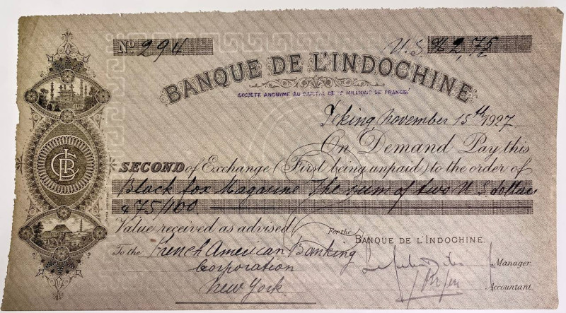China Banque de l'Indo-Chine Bill of Exchange for 2,75 USD 1927
# 294; Beijing ...