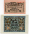 Germany - Weimar Republic 100 & 5 Million Mark 1920 - 1923
P# 69a, 105, VF