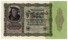 Germany - Weimar Republic 50000 Mark 1922
P# 79, N# 207354; # F 02341191; VF