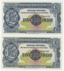 Great Britain British Armed Forces 2 x 5 Pounds 1948 (ND) Close Numbers
P# M23, N# 212481; # EE/I 256033, EE/I 256206; UNC