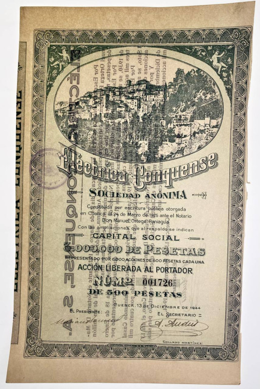 Spain Electrica Conquense Accion de 500 pesetas 1944
# 1726; one of 6000 issues...