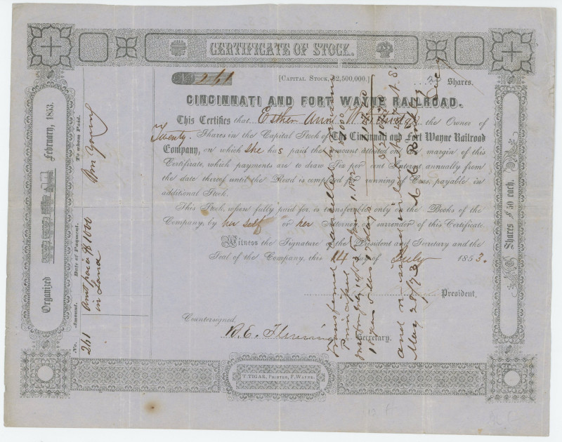 United States Cincinatti And Fort Wayne Railroad Share for 1000 Dollars 1853
# ...