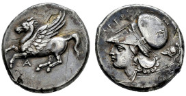 Akarnania. Argos Amphilochikon. Stater. 340-300 a.C. (Bcd-Akarnania 132). (Sng Cop-309). (Hgc-4,783). Anv.: Pegasos flying to left; A below. Rev.: Hel...