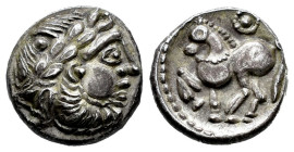 Celts in Eastern Europe. Drachm. Siglo III a.C. Kugelwange type. (Göbl-OTA pl. 17, 204/2). (Lanz-507). Anv.: Celticised, laureate and bearded head to ...