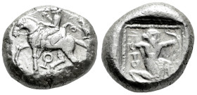 Cilicia. Tarsus. Stater. 440-400 a.C. (Traité-II, 523). (Casabonne-Tipo D2, pl.2, 10). Anv.: Horseman (Syennesis?) riding to left, wearing kyrbasia, h...