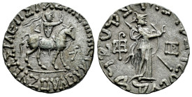 Indo-Skythians. Azes II. Tetradrachm. 58-12 a.C. (Hgc-12 637). (Senior-98.371T). Anv.: the king mounted on a horse charging to the right, holding a wh...