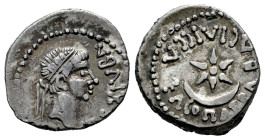 Kings of Mauretania. Juba II with Kleopatra Selene. Denarius. 11-23 d.C. Caesarea. (Mazard-299). (MAA-97). (Sng Cop-567). Anv.: (RE)X IVBA, diademed h...