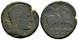 Alaun. Unit. 120-80 BC. Alagón (Zaragoza). (Abh-62). (Acip-1470). Anv.: Male head right between three dolphins. Rev.: Horseman right, holding palm; ib...