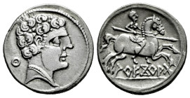 Areikoratikos-Arekoratas. Denarius. 150-20 BC. Agreda (Soria). (Abh-105). Anv.: Male head right, iberian letter KU with central pellet behind. Rev.: H...