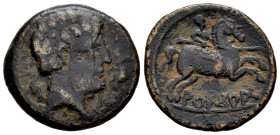 Areikoratikos-Arekorata. Unit. 150-20 a.C. Agreda (Soria). (Abh-117). (Acip-1778). Anv.: Male head right between two dolphins. Rev.: Lancer horseman r...