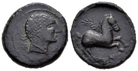 Areikoratikos-Arekoratas. Half unit. 150-20 BC. Agreda (Soria). (Abh-122). Anv.: Diademed male head right between two stars. Rev.: Horse jumping, palm...
