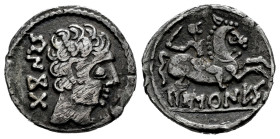 Baskunes-Barskunes. Denarius. 120-20 BC. Pamplona. (Abh-215). Anv.: Bearded head right, iberian legend BENKODA behind. Rev.: Horseman right, holding s...